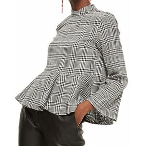 Topshop Peplum Mock Neck Top with Bell Sleeves - Black/White Check Pattern 4